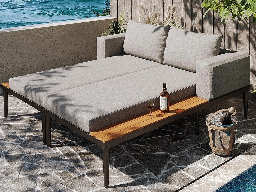 Podwójna sofa z funkcją spania na taras zewnętrzny 150x140x30cm - Wielofunkcyjna sofa z wodoodpornym materiałem - Z półką - Metal, Poliester - Szary