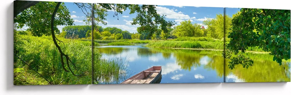 Obraz letniej rzeki z łodzią (170x50 cm)