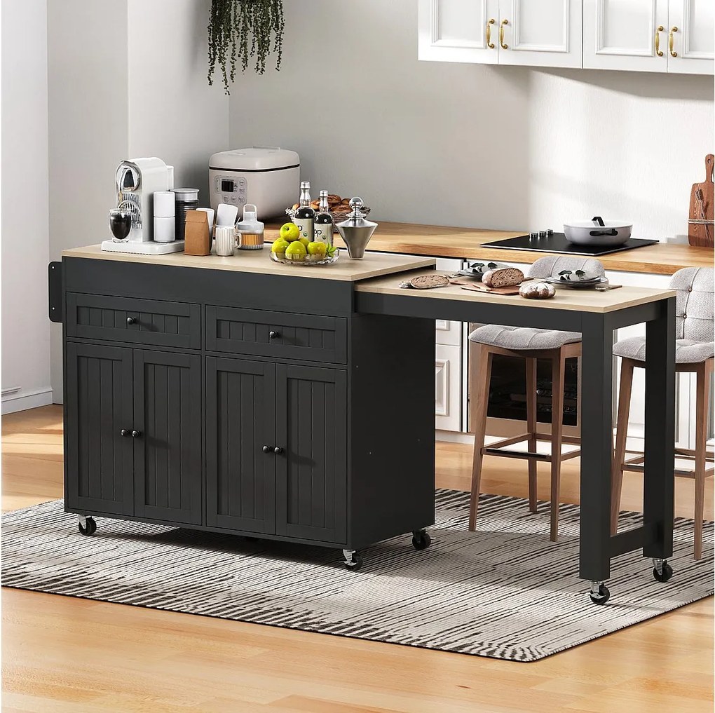 Czarna mobilna wyspa kuchenna – Wózek kuchenny z 4 drzwiami i 2 szufladami – wysuwany drewniany blat i półka na przyprawy