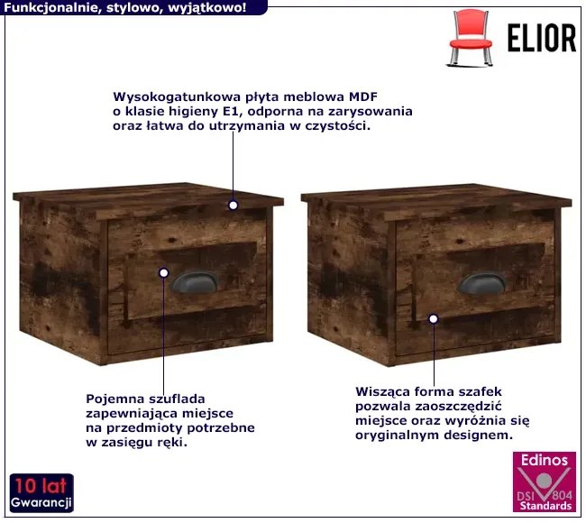 Komplet wiszących szafek nocnych przydymiony dąb Luweros 4X