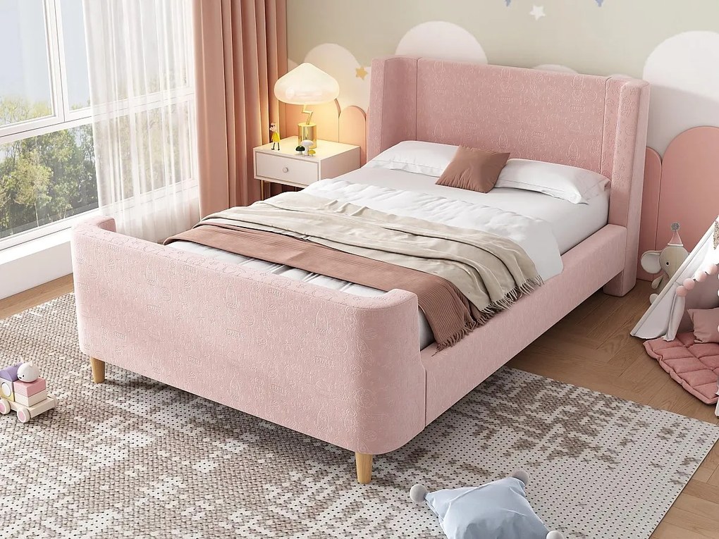 Łóżko dziecięce 90x200 cm tapicerowane welurem różowym (materac nie jest w zestawie)