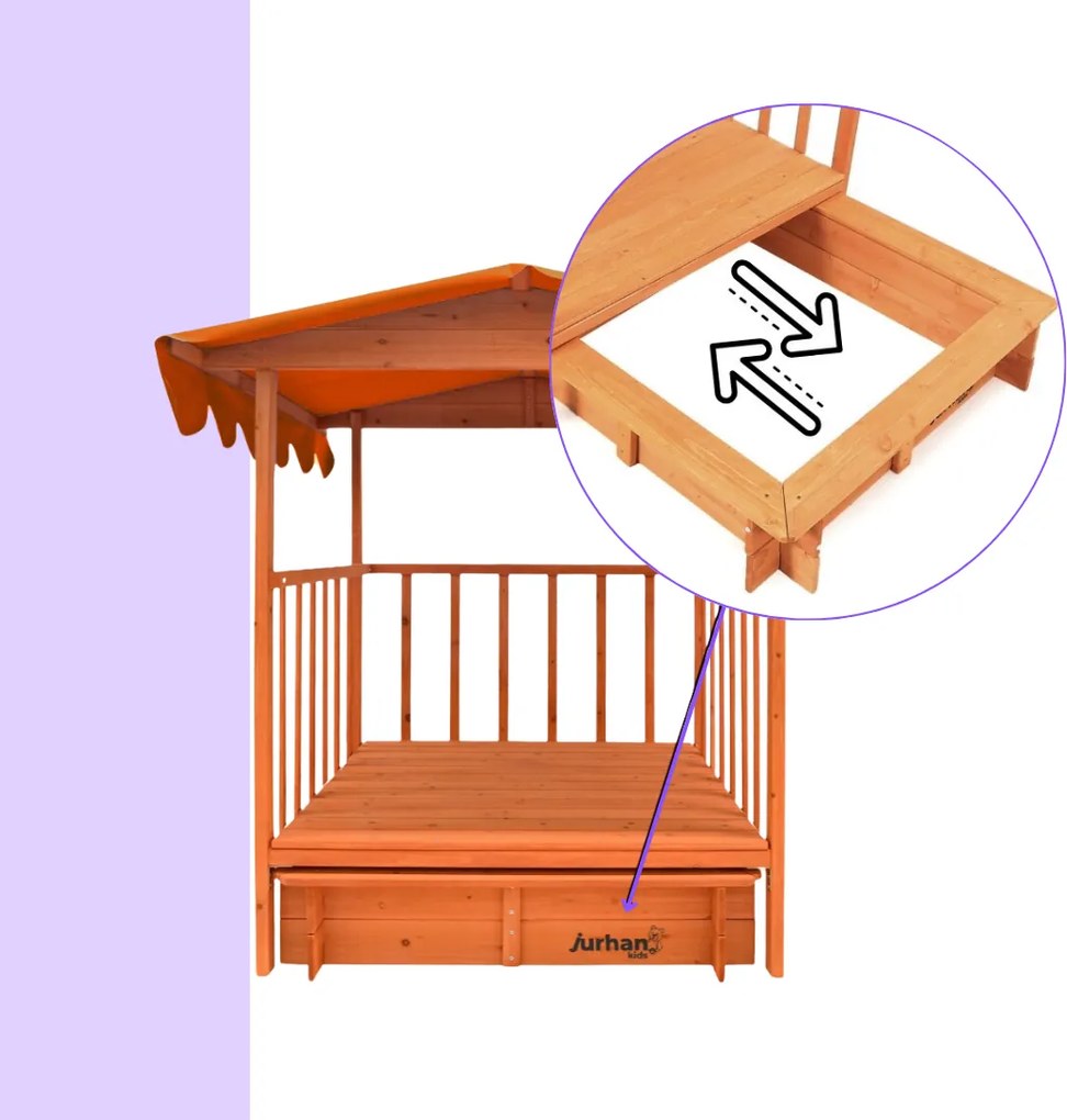 Piaskownica z werandą HAPPY, 130x130x143cm, brązowa/pomarańczowa Jurhan