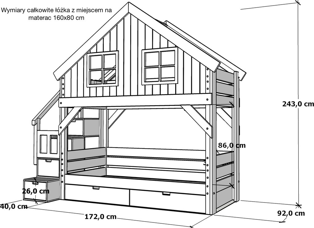 Łóżko piętrowe domek Marulla 110P z oknami, schodkami i barierkami
