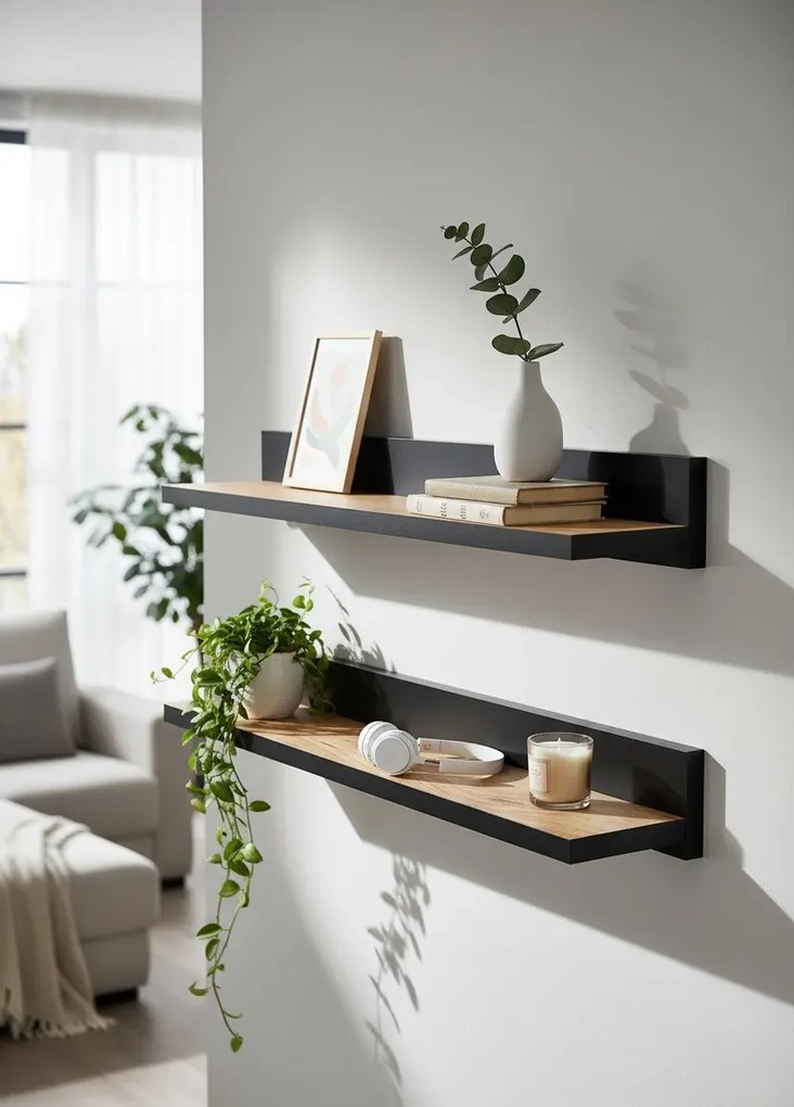 Komplet Półek Czarny Ściennych 2 Szt + Dąb Craft Z6-R89