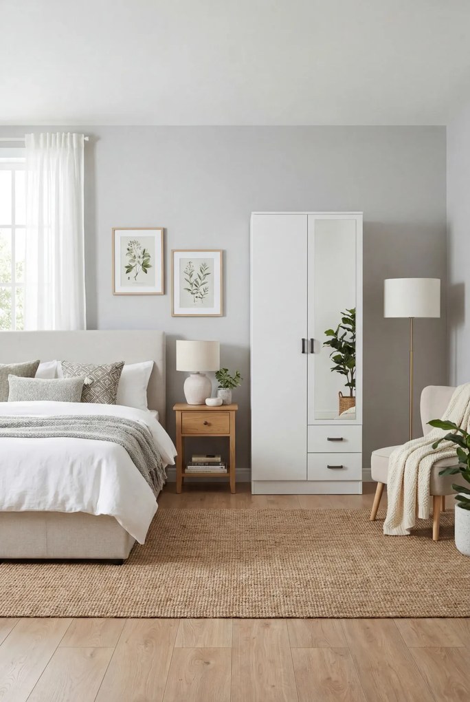 Biała minimalistyczna szafa z szufladami i lustrem E8-P73