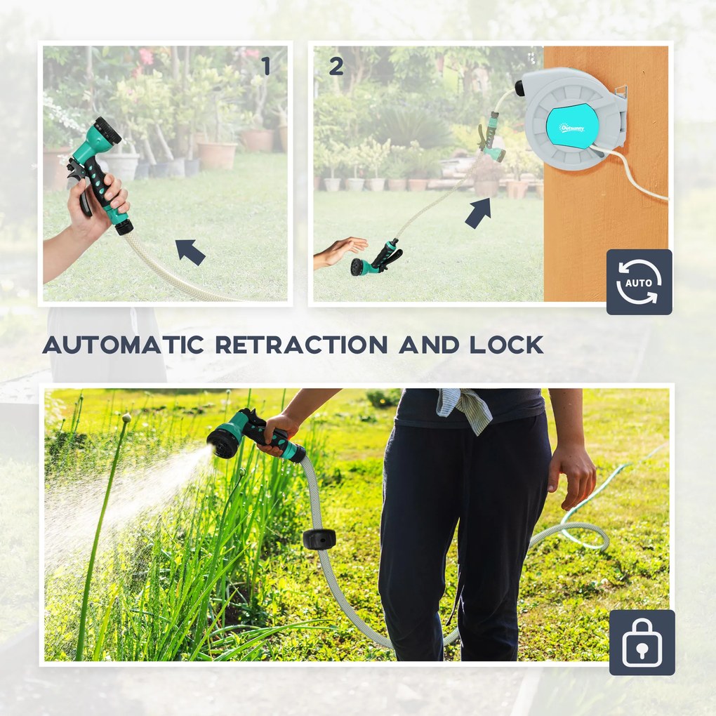 Outsunny Uchwyt na wąż ogrodowy, 25+2 metry wąż ogrodowy w solidnej obudowie, montaż ścienny, 7 wzorów natrysku, obrót o 180°, Szary