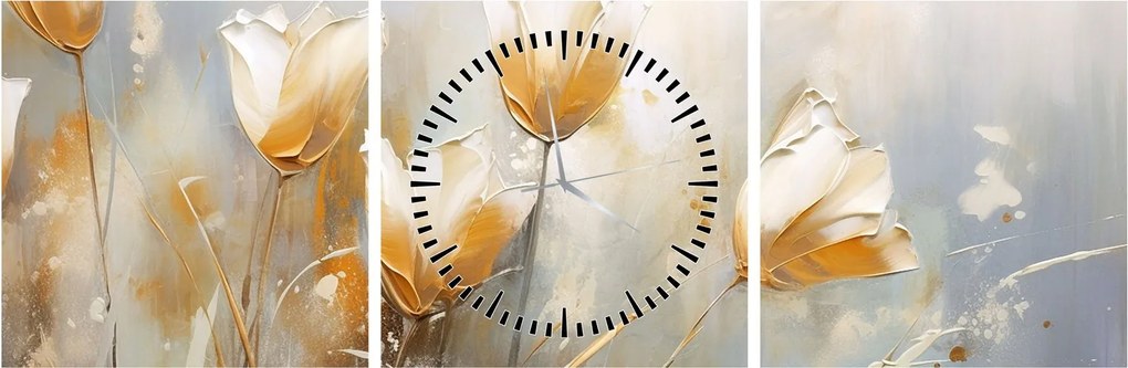 Obraz - Malowanie tulipanów (z zegarem) (90x30 cm)