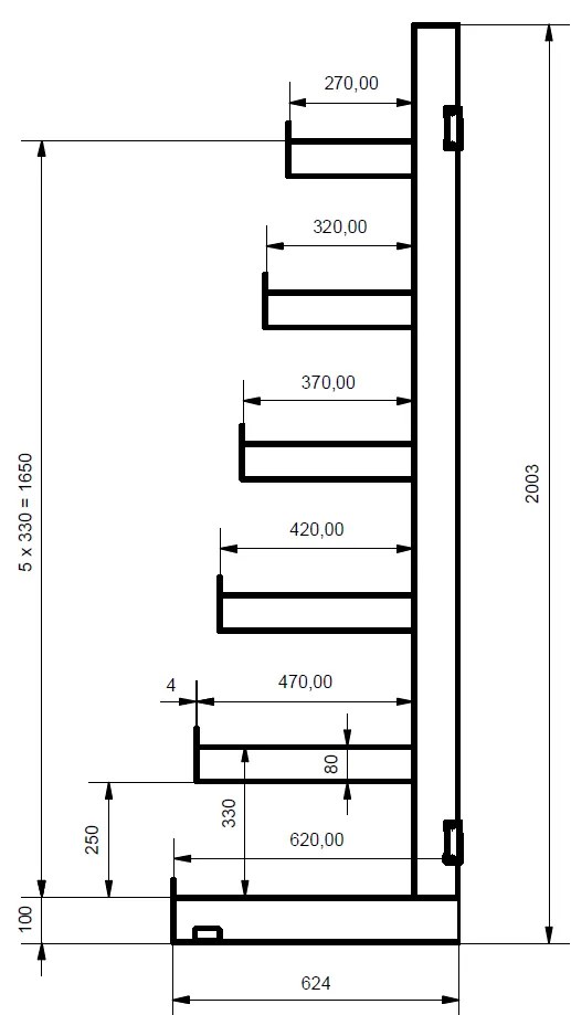 Regał wspornikowy, jednostronny, choinkowy, 2000 x 1380 x 624 mm, 6 półek