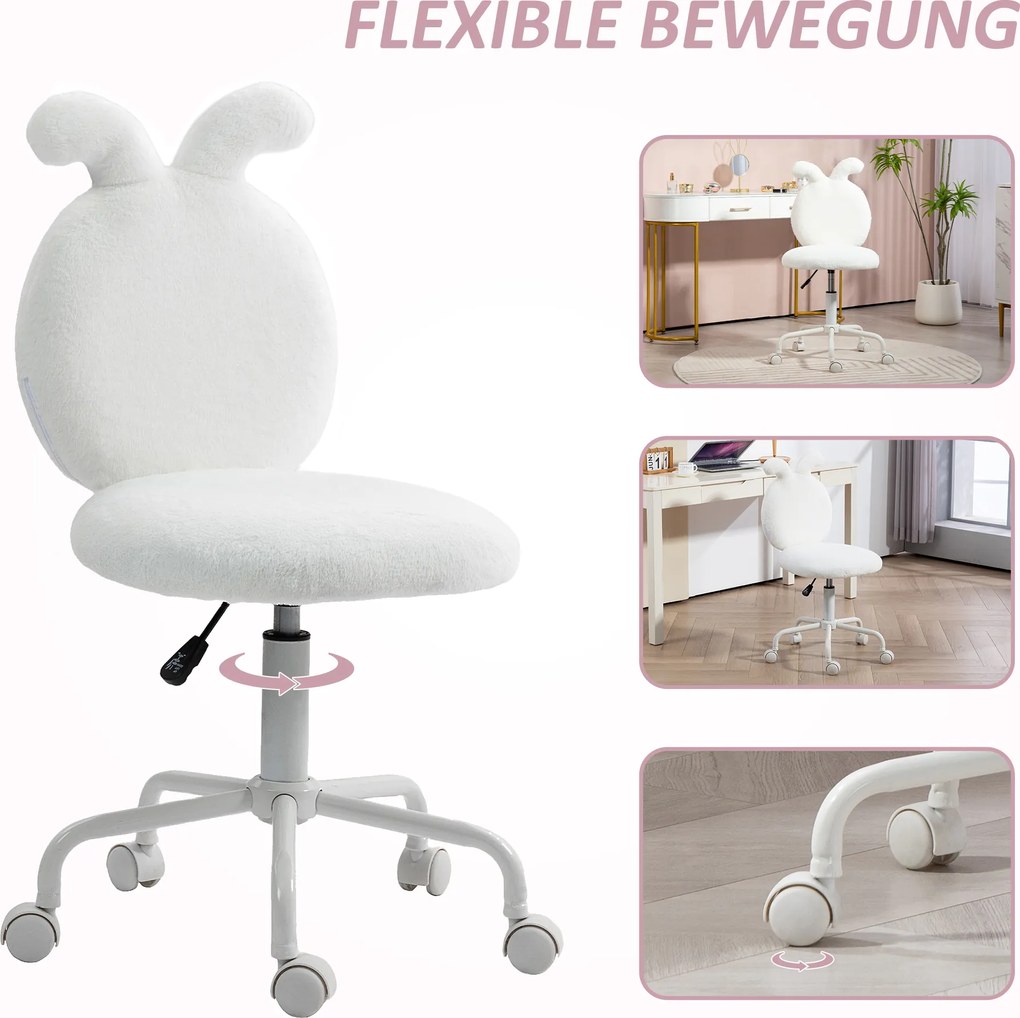 HOMCOM Krzesło Obrotowe z Uszami Królika, Biurowe na Kółkach, z Sztucznego Futra, Białe