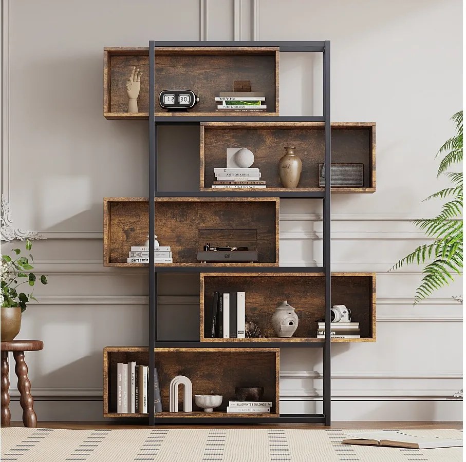 Regał biblioteczny 5-poziomowy z półkami - 121 x 35 x 176 cm - drewno MDF i rura stalowa - Brązowy