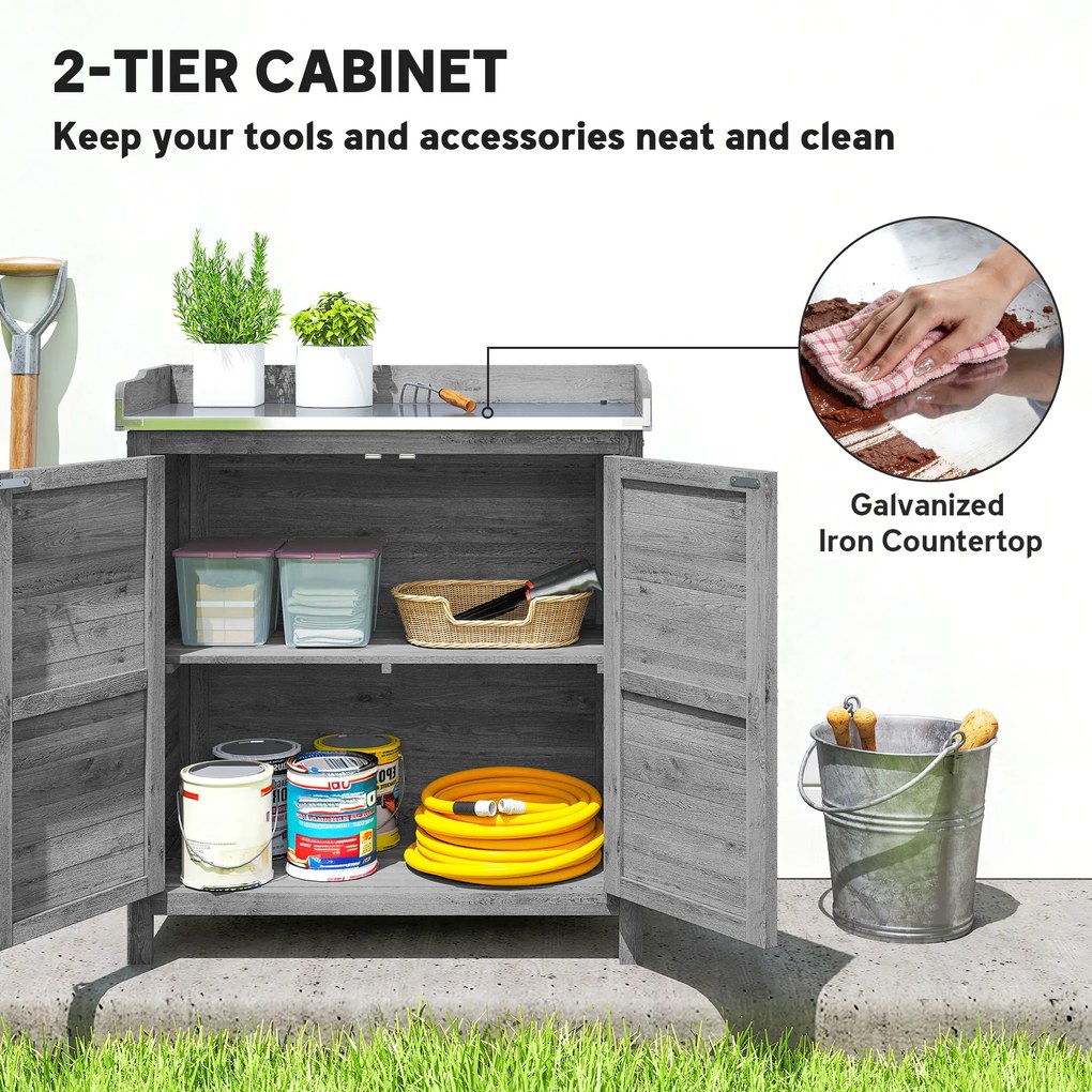 Outsunny Stół do przesadzania z szafką z drewna, ogrodowa szafka z ocynkowanym blatem, 2 półki, szary | Aosom PL