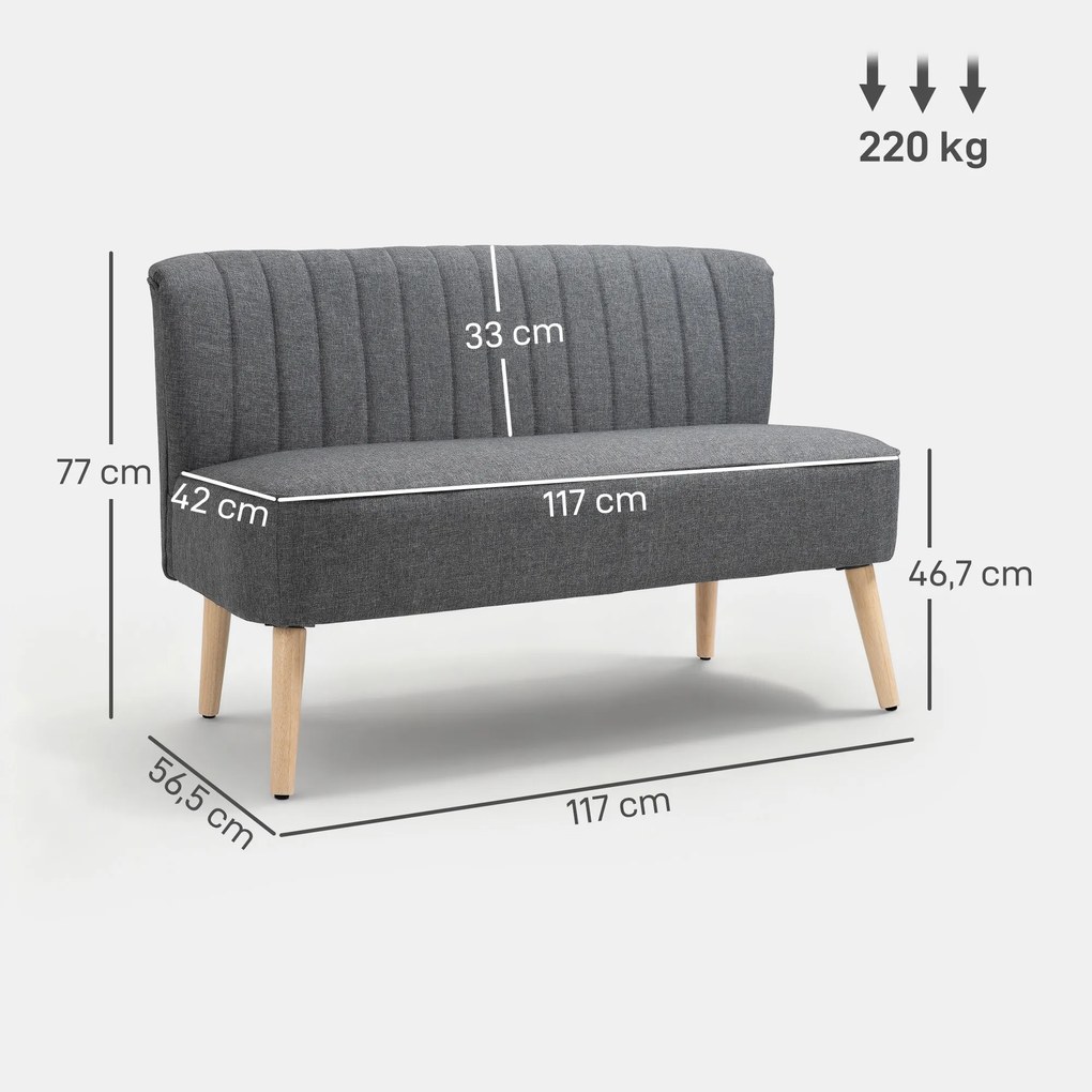HOMCOM Sofa 2-osobowa, sofa tapicerowana o wyglądzie lnu, drewniana rama, do salonu i sypialni, 117 cm, szara