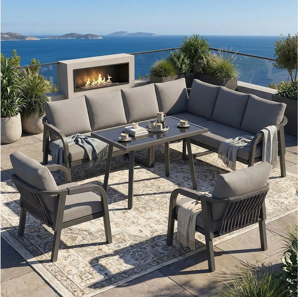 Zestaw mebli ogrodowych 8-osobowy - z plecionymi podłokietnikami i oparciami + sofa + stolik + 2 fotele - metalowy - szary