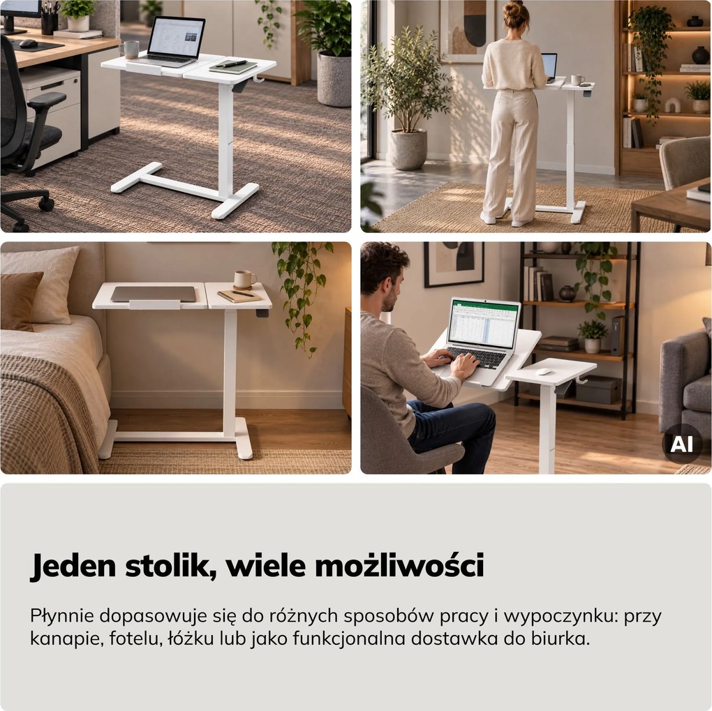 Stolik pod laptopa mobilny, regulowany, wielofunkcyjny, biały: BILL