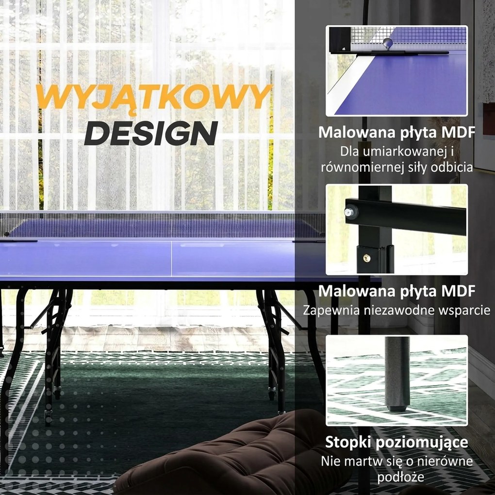 SPORTNOW Składany stół do tenisa stołowego średniej wielkości, w zestawie siatka, 3 piłeczki, blat 12 mm | Aosom PL