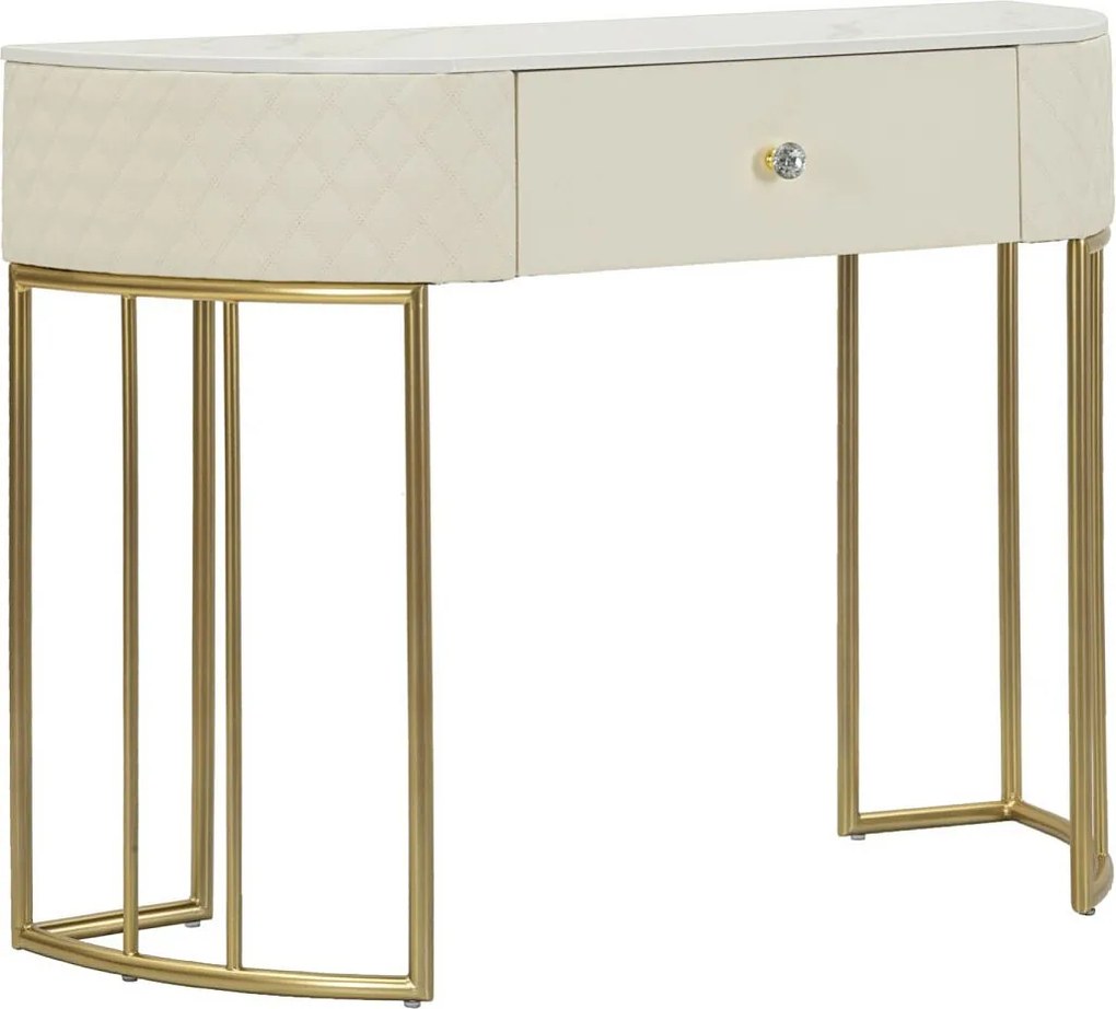 Konsola Sharon Glam 100x40x75 cm z pikowanej białej i złotej skóry ekologicznej – elegancki design z centralną szufladą – gałka w kształcie diamentu