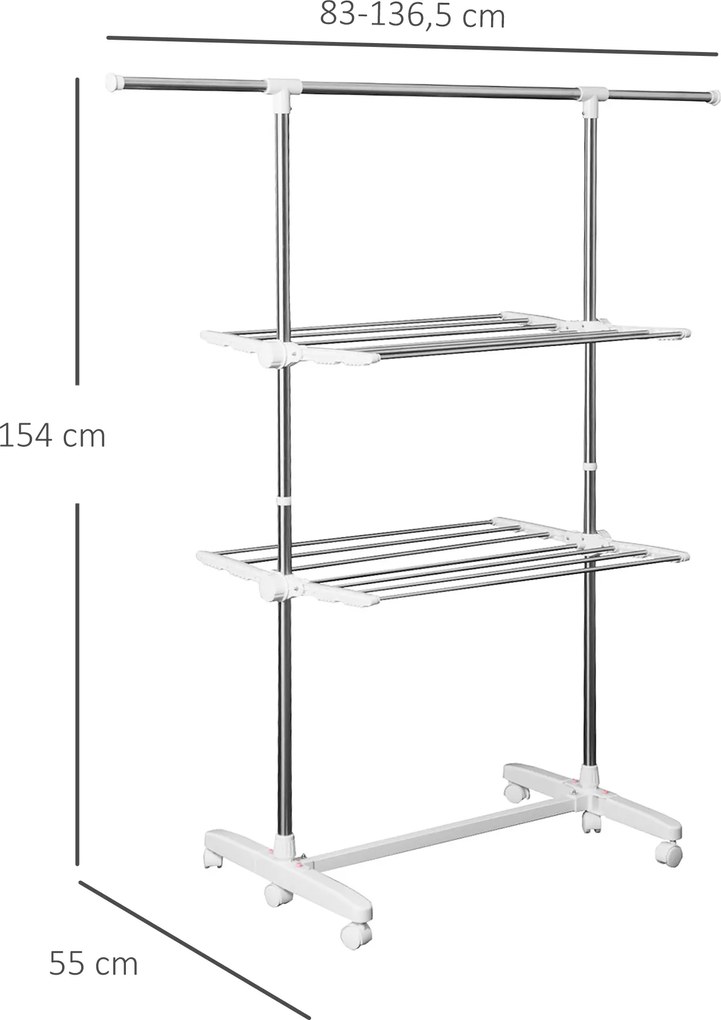 HOMCOM Suszarka na Pranie do Ubrań Wieszak Stojak 2 Poziomy 62x139x83-140cm | Aosom PL