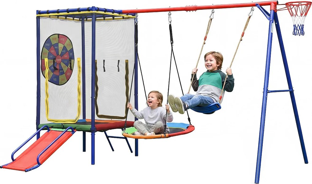 Zestaw huśtawka i zjeżdżalnia dla dzieci - 336 x 217 x 198 cm - z trampoliną i koszem do koszykówki - metalowy - kolorowy