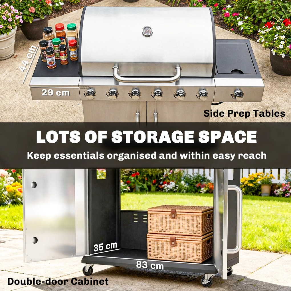 Outsunny Grill gazowy 18,6 kW 6+1 palników BBQ wózek grillowy ze stali nierdzewnej z kółkami, termometrem, półką podgrzewającą, bocznymi stolikami i szafką | Aosom PL