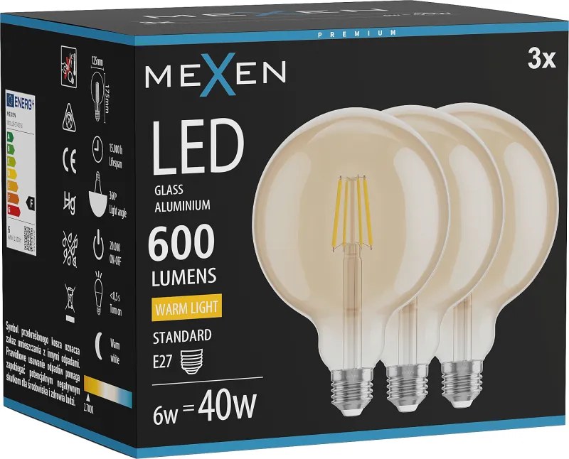 Mexen Vintis 3x żarówka filament LED E27, G125, 6W, Ciepła - 2700K, 600 lm, amber - L158-E27-0627-50x03