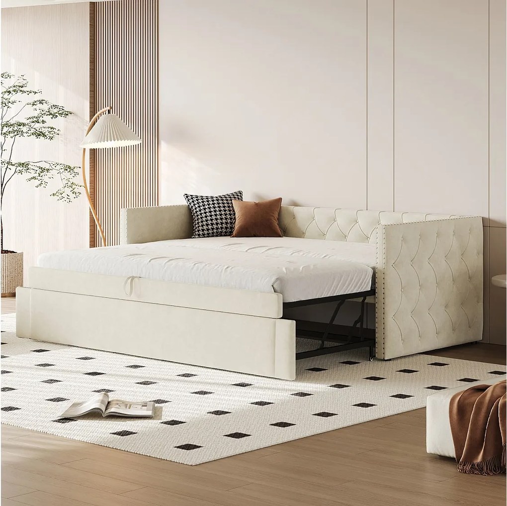 Sofa rozkładana 90/180 x 200 cm z zagłówkiem - Miękki aksamit - stelaż listwowy - beżowy (bez materaca)