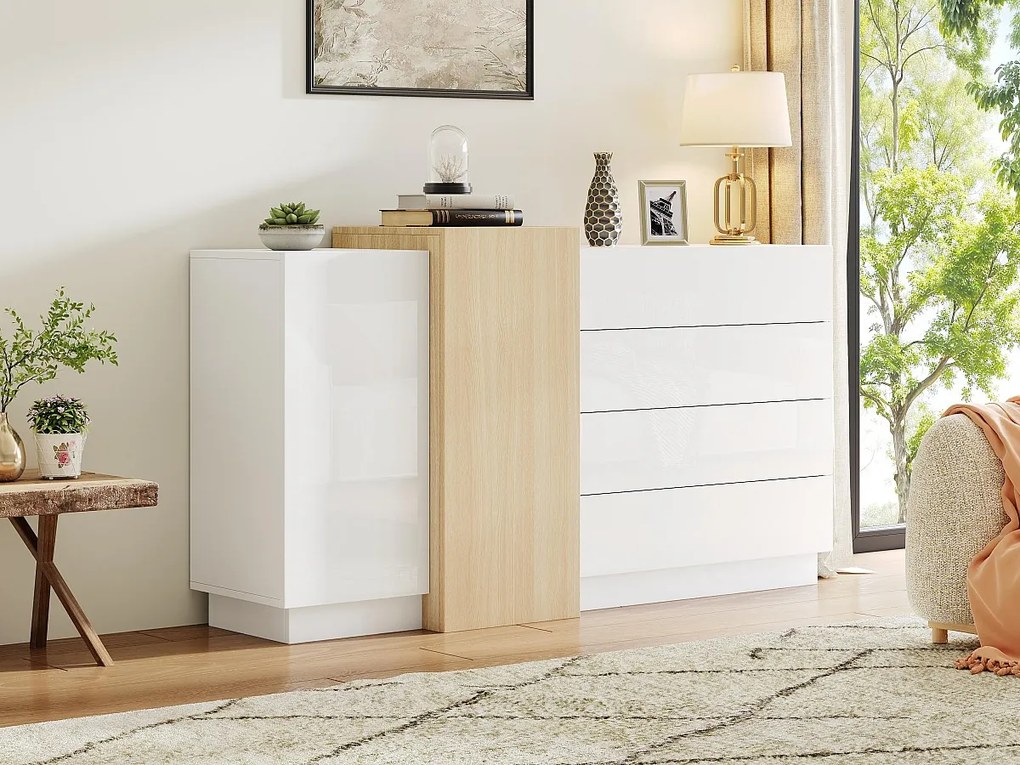 Bufet błyszczący 150x37x87cm - z 2 drzwiami - z 4 szufladami - MDF - biały