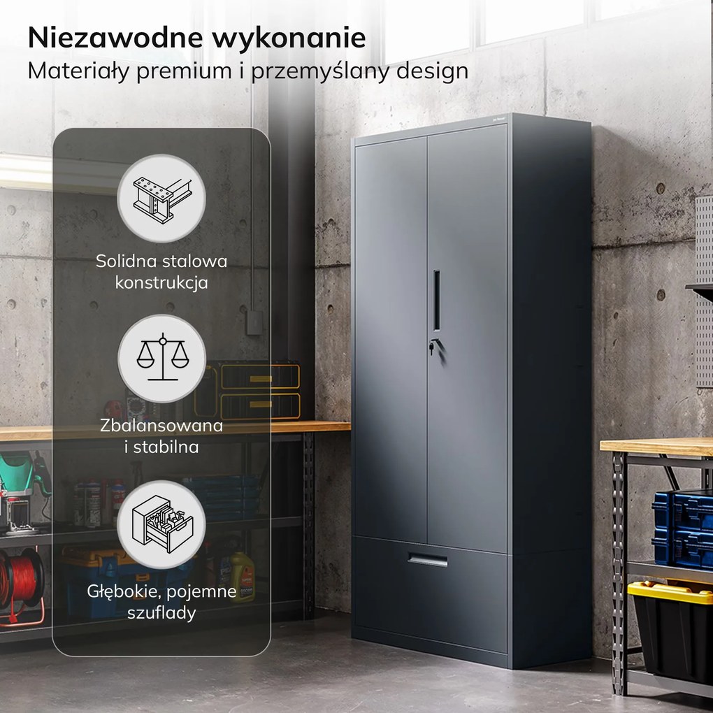 Szafa modułowa metalowa wielofunkcyjna na cokole antracytowa MEGAN 1600 x 900 x 400 mm