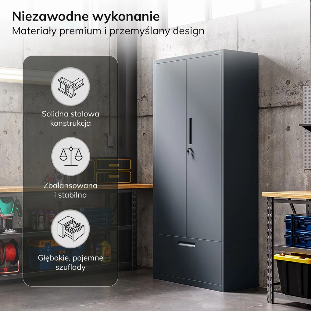 Szafa modułowa metalowa z półkami na cokole antracytowa, 1600x900x400 mm: MEGAN