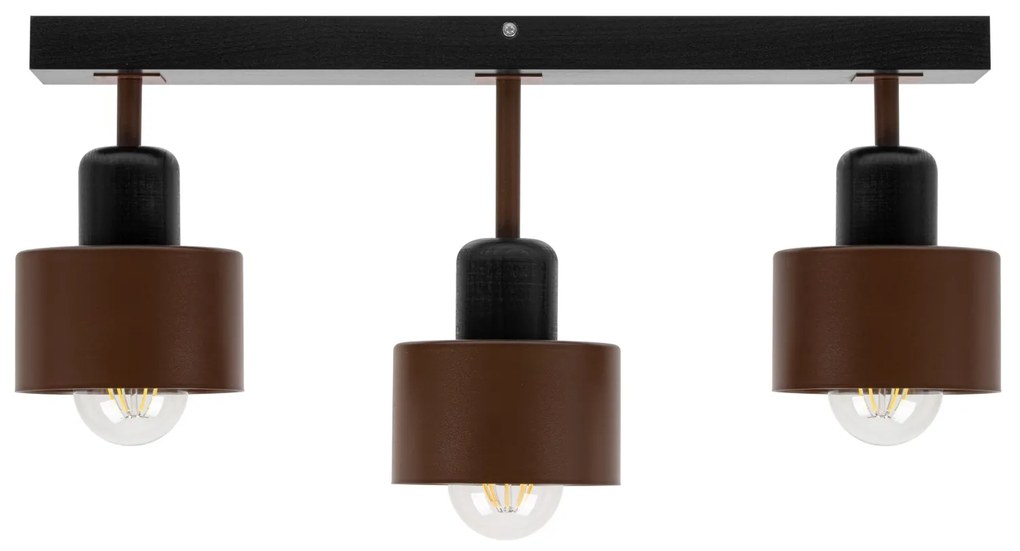 Brązowo-czarna lampa sufitowa, trzypunktowy spot DBR50x7SC z drewna i