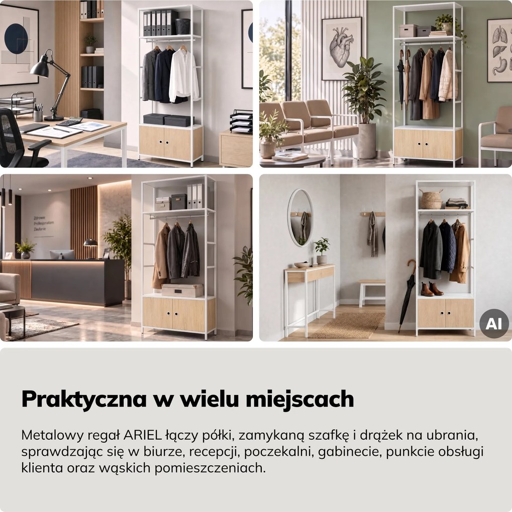 Regał biurowy otwarty z drążkiem na ubrania, do recepcji i poczekalni, metalowy, biały/dąb sonoma, 800x2200x400 mm: ARIEL Eco Design