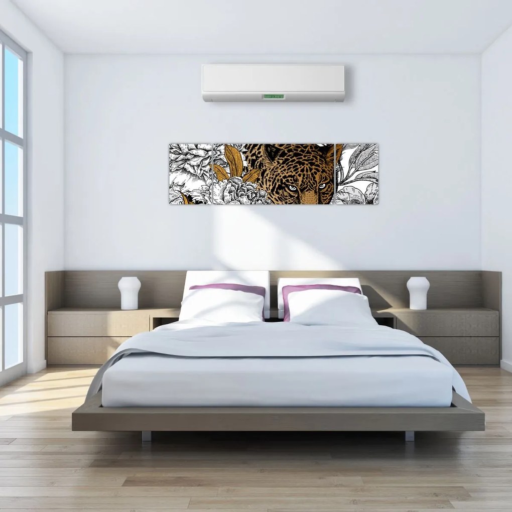 Obraz - Lampart pośród kwiatów (170x50 cm)