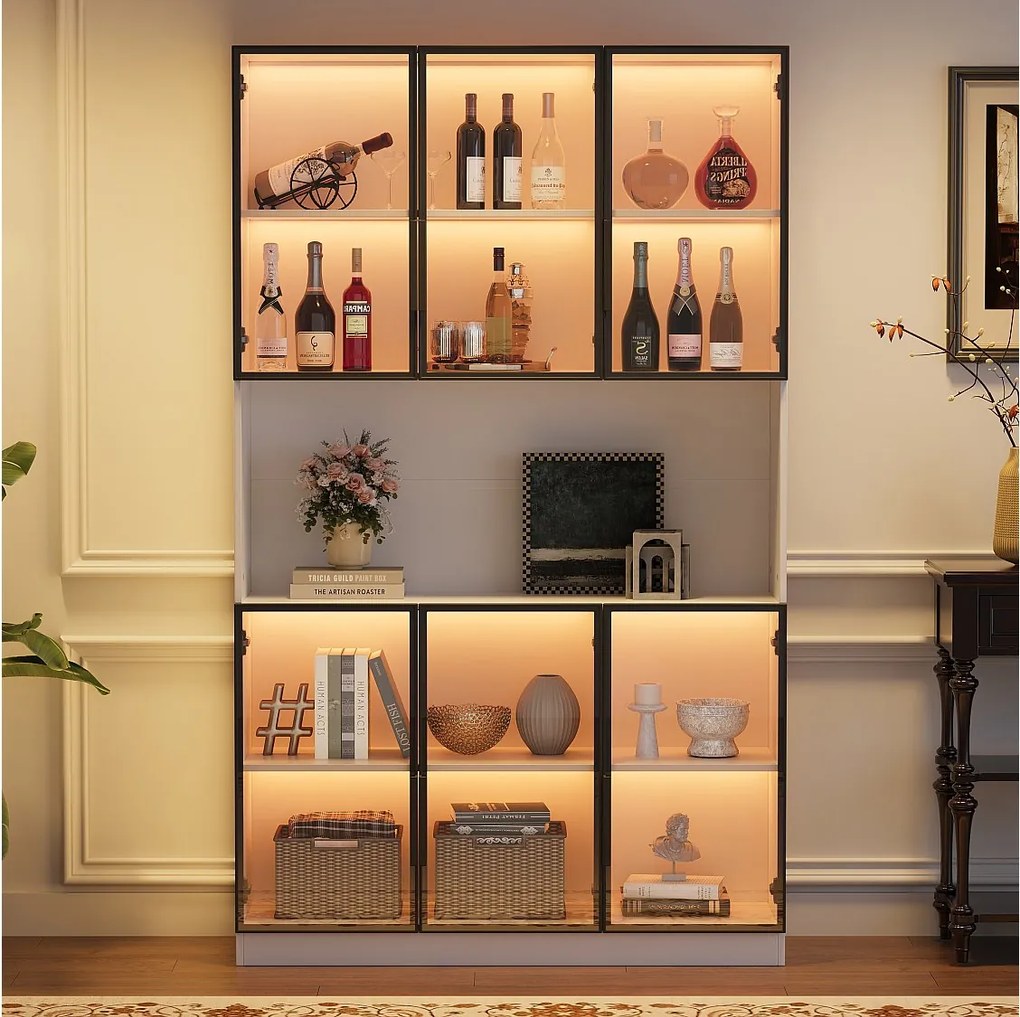 Nowoczesna wysoka witryna szklana - 120 x 34 x 200 cm - z diodami LED + 6 drzwi + półka - płyta wiórowa - biała