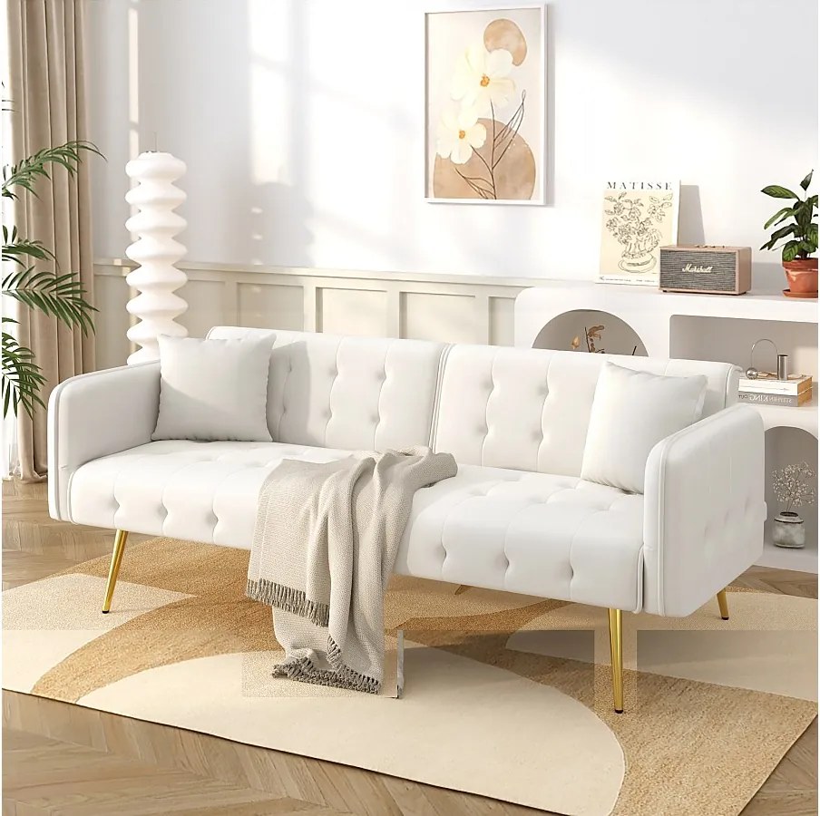 Sofa 2-osobowa rozkładana - 178 x 82 x 70 cm - z regulowanym oparciem i podłokietnikami - welur - biała