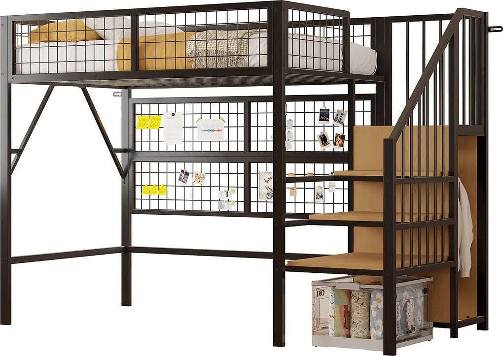 Łóżko mezzanine 90x200 - z oświetleniem LED - z drabiną do przechowywania - z otwartą szafą - czarne (bez materaca)