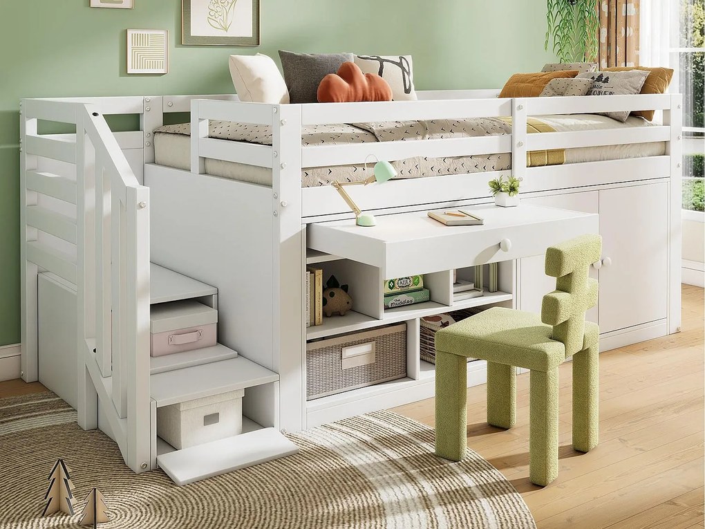 Wielofunkcyjne pojedyncze łóżko dziecięce z litego drewna - z miejscem do przechowywania, drabinką i wysuwanym stolikiem - 90x200cm - Białe