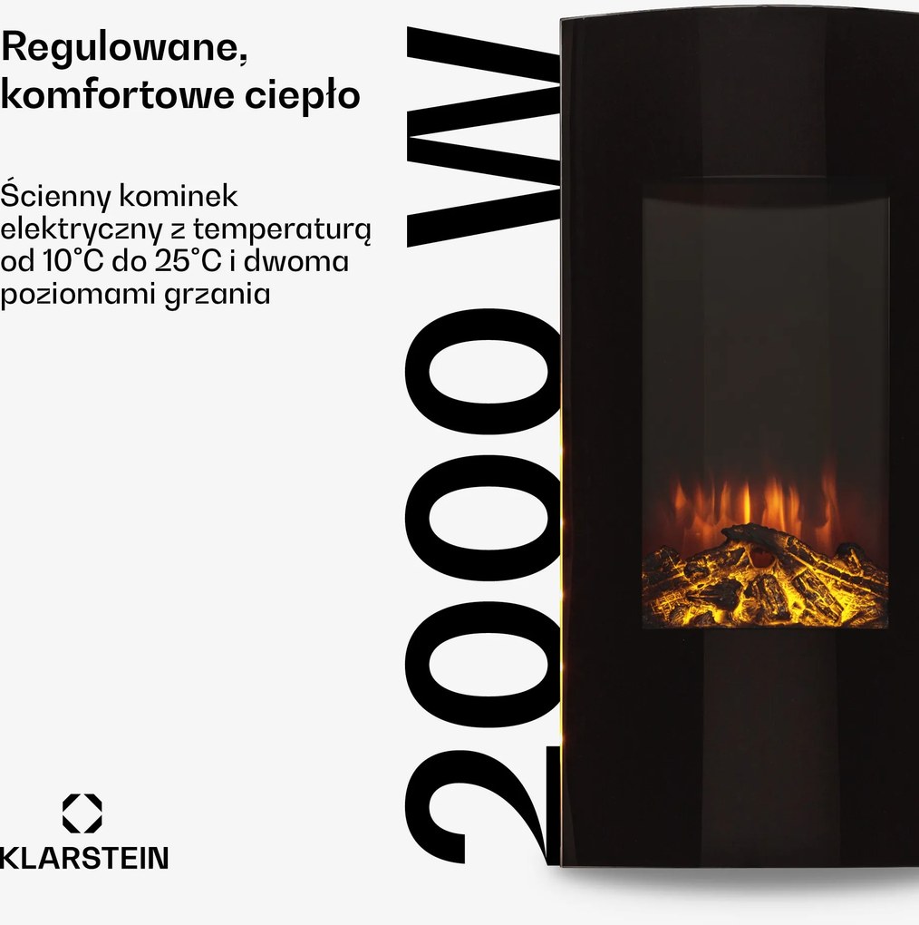 Klarstein Lamington 2000W 40cm Kominek elektryczny naścienny Czarny