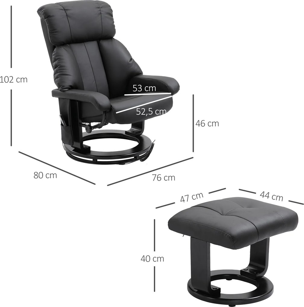 HOMCOM Fotel z masażem i funkcją leżenia Podnóżek w zestawie Skóra ekologiczna Czarny 76x80x102cm | Aosom PL