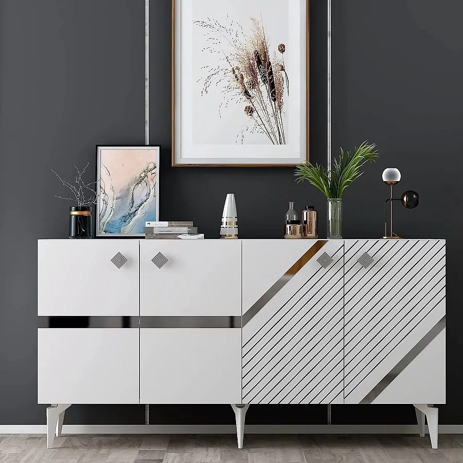 Komoda – 150 cm x 40 cm x 79 cm – Kolor biały i srebrny – Płyta wiórowa pokryta melaminą