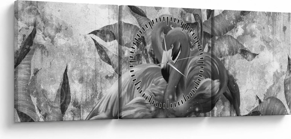 Obraz - Graffiti z flamingami (z zegarem) (90x30 cm)