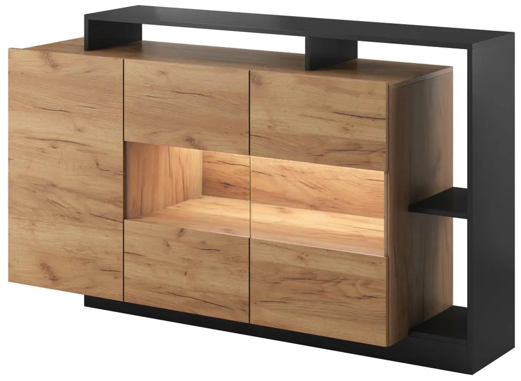 Komoda 3-drzwiowa z 3 wnękami – oświetlenie LED – kolor: naturalny i antracytowy – IDESIA