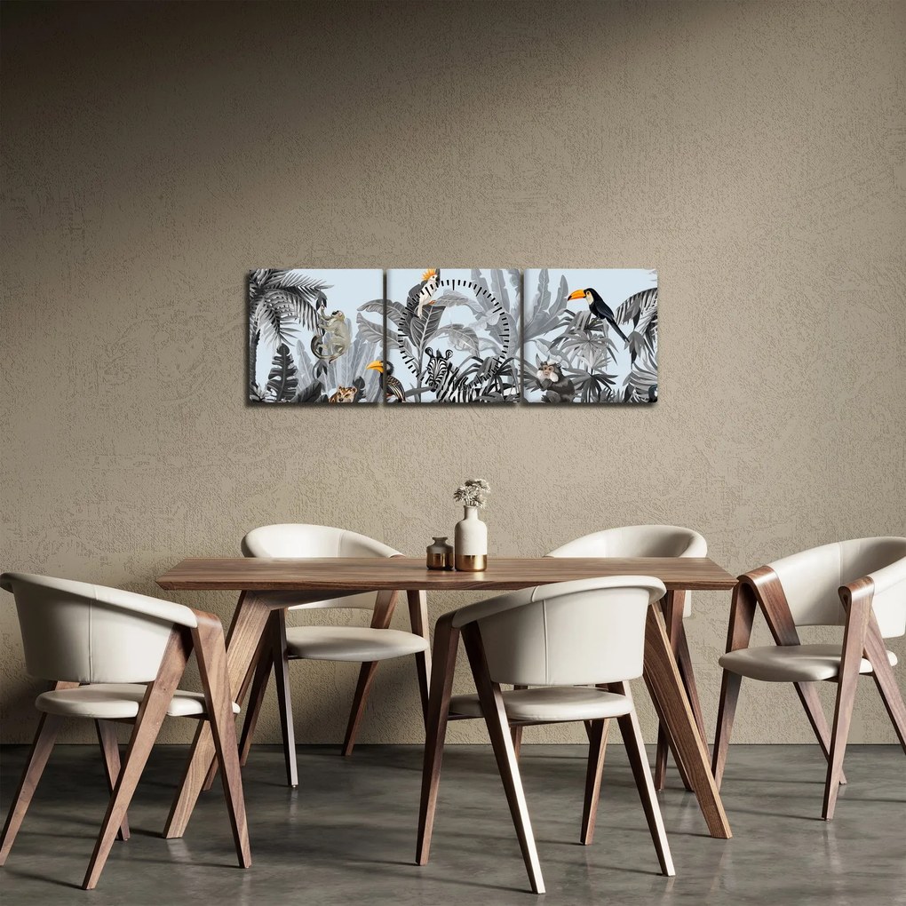 Obraz zwierząt w tropikalnym lesie (z zegarem) (90x30 cm)