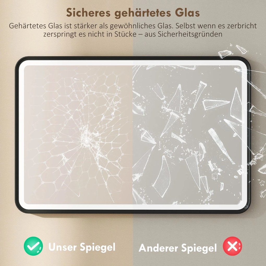 HOMCOM 90 x 60 cm lustro łazienkowe LED, światła, 3 kolory, ściemnialne, funkcja pamięci, poziomo i pionowo, czarne