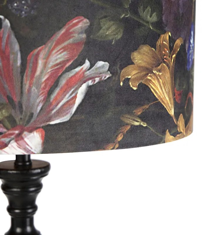 Lampa stojąca czarna z abażurem z aksamitu kwiaty złoto 50 cm - Classico klasyczny/Antyczny Oswietlenie wewnetrzne
