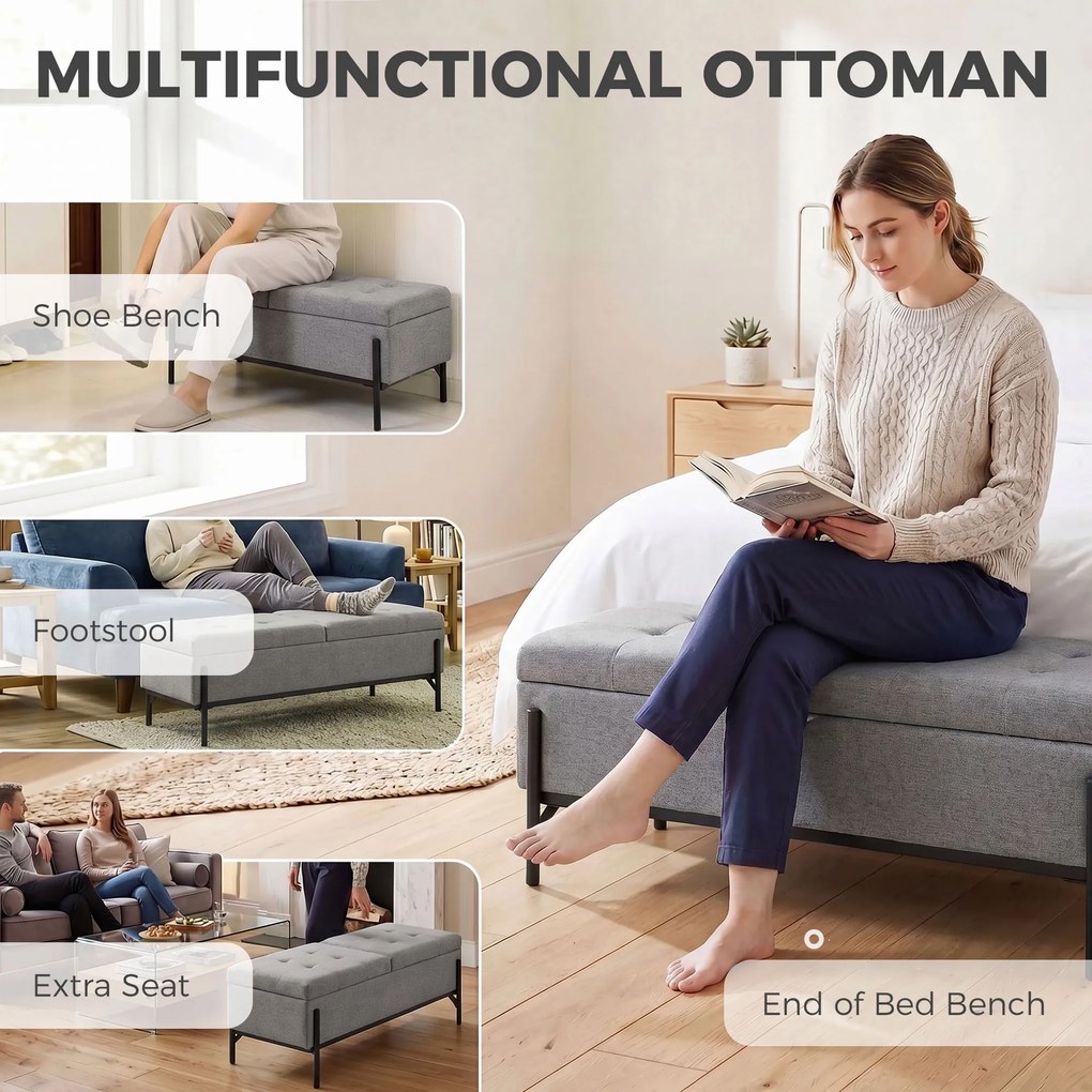 HOMCOM Skrzynia z tkaniny lnianej, ławka z 2 schowkami, składanymi klapami i ekstra grubą poduszką, 117 x 50 x 44 cm | Aosom PL