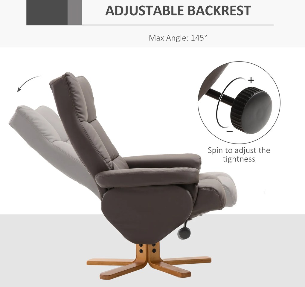 HOMCOM Fotel relaksacyjny TV z funkcją obrotu 360° i podnóżkiem Rozkładany Brązowy Drewniana rama 80x86x99cm | Aosom PL