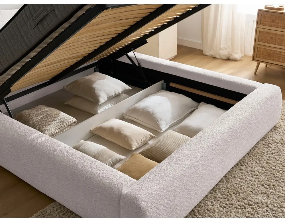 Białe tapicerowane łóżko dwuosobowe ze schowkiem i stelażem 180x200 cm Orlane – Bobochic Paris