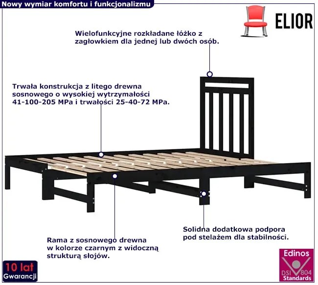 Czarne łóżko rozsuwane z drewna 2x(90x200) cm Osmen 4X