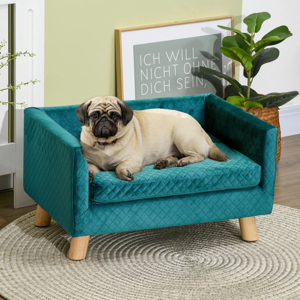 PawHut Sofa dla psa łóżko dla psa kanapa z weluru z oparciem, nogi drewniane, poduszka, do 8 kg 64 x 45 x 36 cm Niebieski | Aosom PL