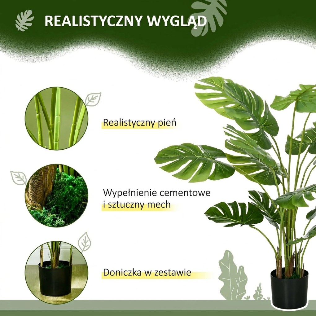 HOMCOM Sztuczna Roślina Monstera Deliciosa z Realistycznym Wyglądem, Doniczka i Cementowa Ziemia, 17,5 cm x 17,5 cm x 120 cm, Zielona
