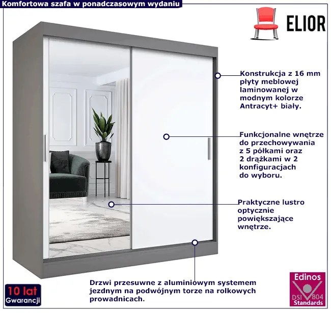 Szafa przesuwna antracyt + biały 180 cm - Seko 5X